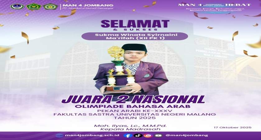Sukma, Siswa MAN 4 Jombang PP. Mamba’ul Ma’arif Sabet Juara 2 Olimpiade Bahasa Arab Nasional